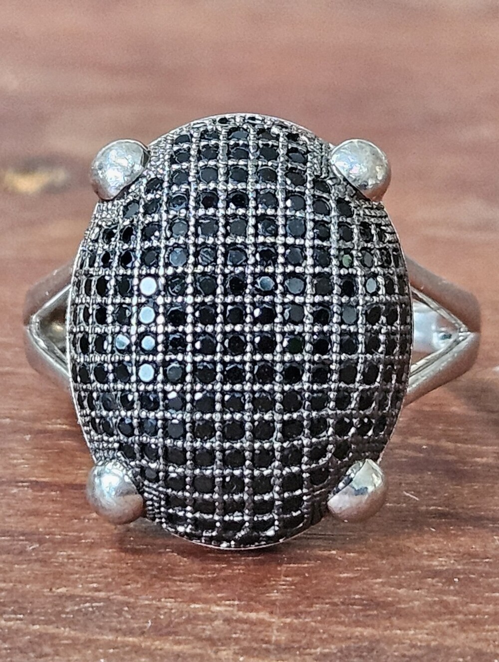 Designer Black Pavé Spinel Oval Sterling Silver Cocktail Ring 8.5